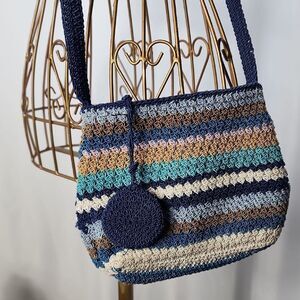 Vintage Crochet Crossbody Bag Beachy In Shades Of Blue & Neutral